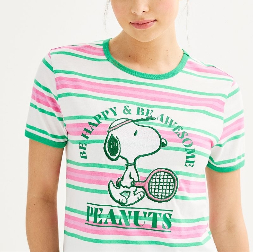 Peanuts‎ Snoopy Happy and Awesome Striped Graphic Tee Woman's Large